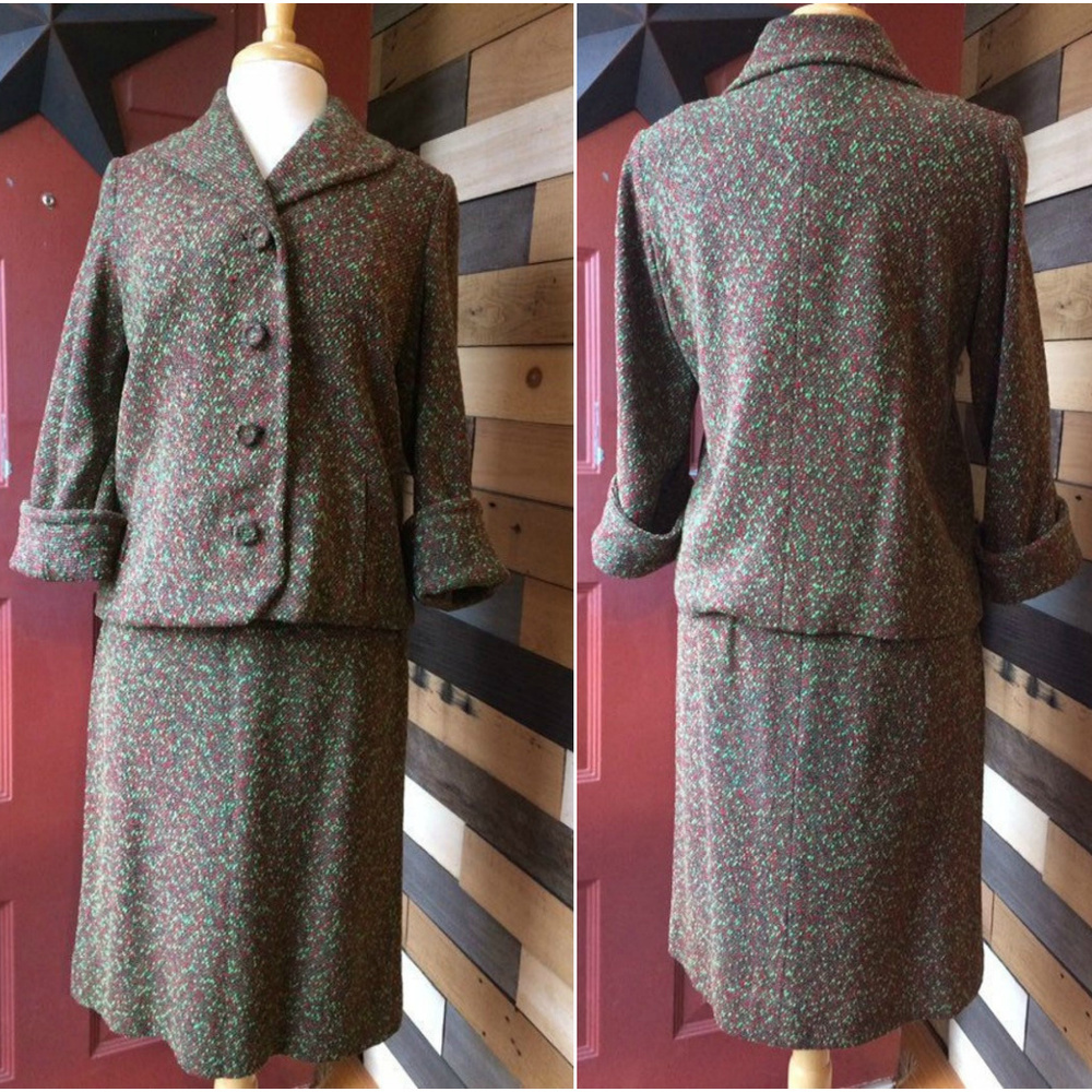 Vintage 2 PC. Tweed Suit, Red, Green, Black